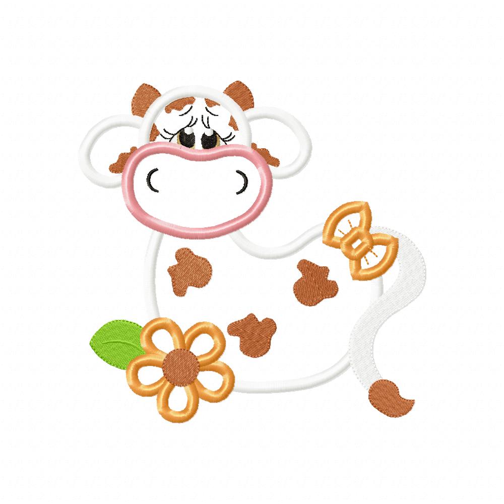 Farm Cow, Flowers and Bow - Applique Embroidery