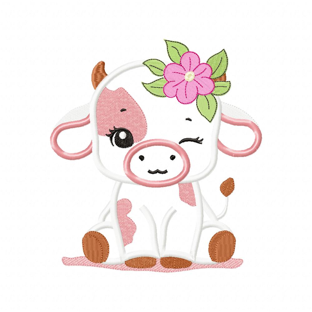 Little Cow Girl Blinking - Applique - Machine Embroidery Design