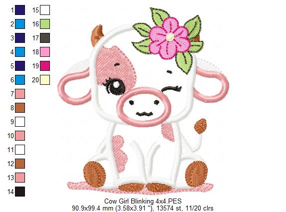 Little Cow Girl Blinking - Applique - Machine Embroidery Design