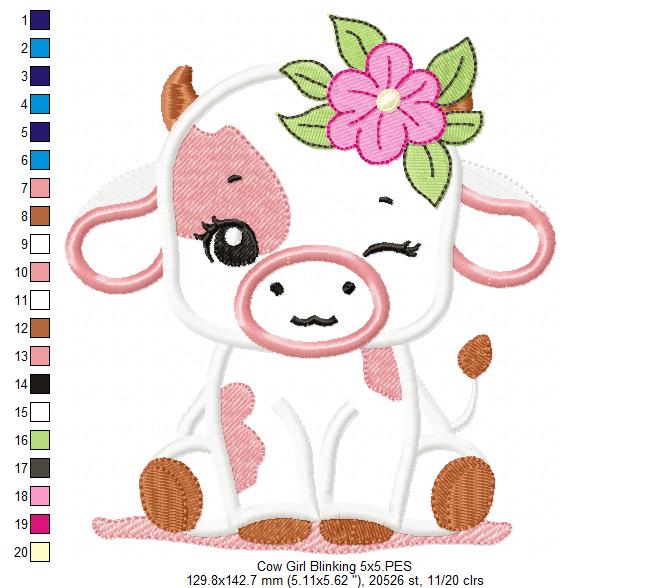 Little Cow Girl Blinking - Applique - Machine Embroidery Design