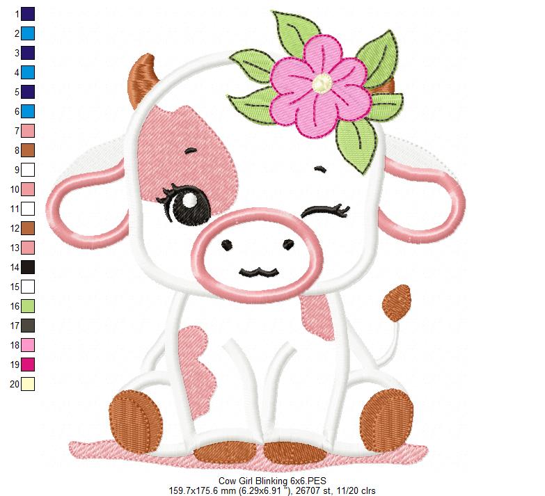 Little Cow Girl Blinking - Applique - Machine Embroidery Design