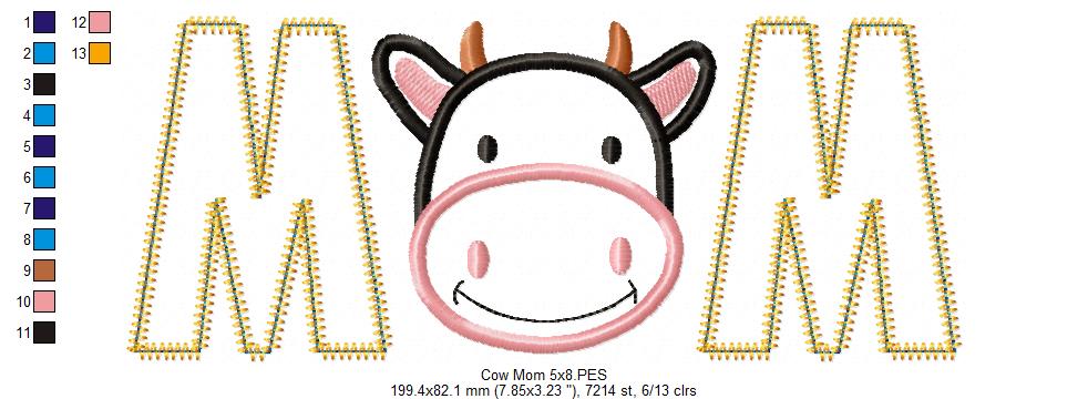 Cow Mom - Applique - Machine Embroidery Design