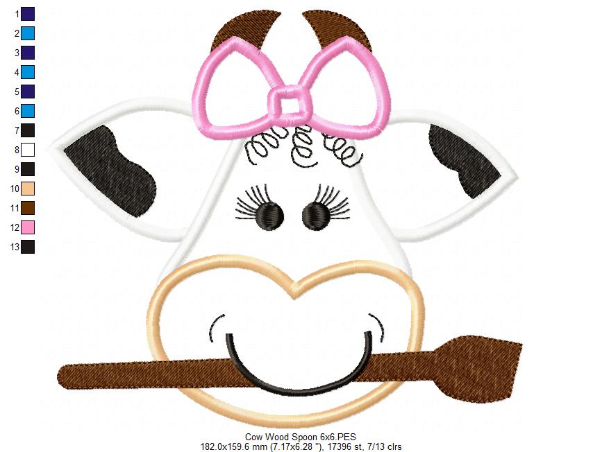 Cow Girl Face with Spoon - Applique
