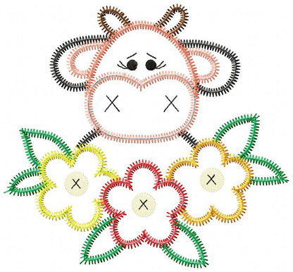 Cow With Flowers – Zigzag Applique – Machine Embroidery Design