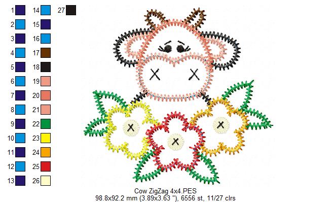Cow With Flowers – Zigzag Applique – Machine Embroidery Design