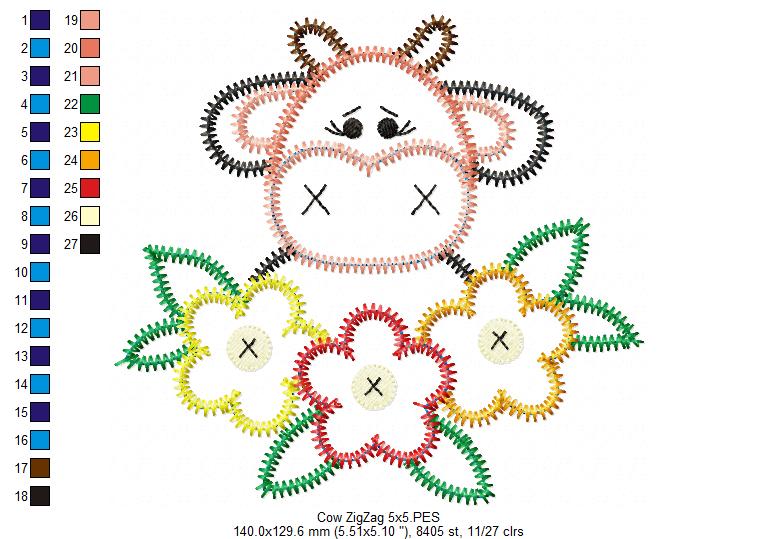 Cow With Flowers – Zigzag Applique – Machine Embroidery Design