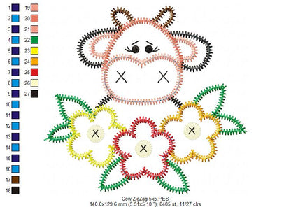 Cow With Flowers – Zigzag Applique – Machine Embroidery Design