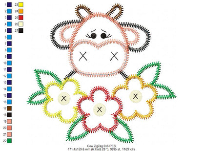 Cow With Flowers – Zigzag Applique – Machine Embroidery Design