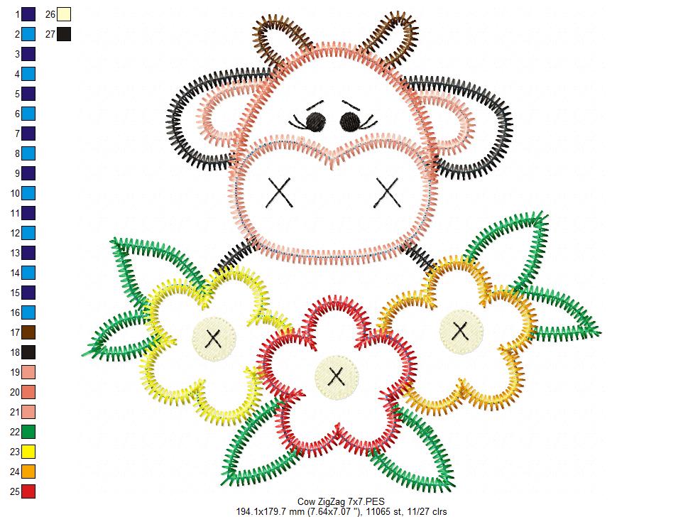 Cow With Flowers – Zigzag Applique – Machine Embroidery Design