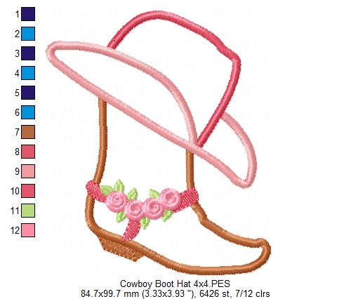 Cowgirl Boot and Hat - Applique - Machine Embroidery Design