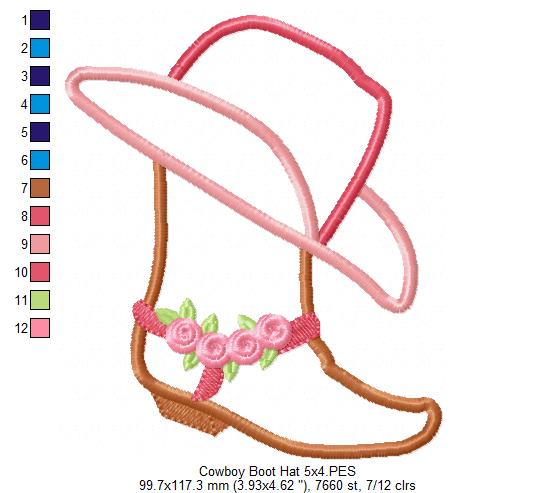 Cowgirl Boot and Hat - Applique - Machine Embroidery Design