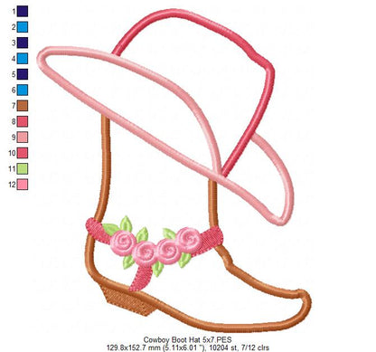 Cowgirl Boot and Hat - Applique - Machine Embroidery Design