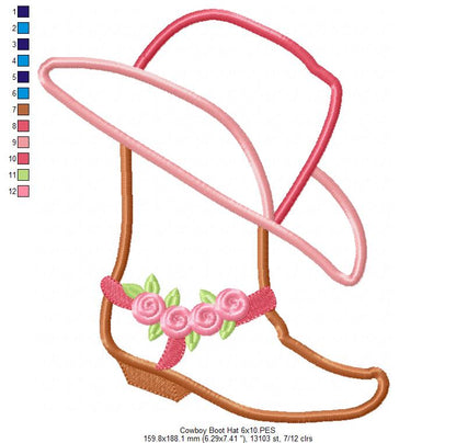 Cowgirl Boot and Hat - Applique - Machine Embroidery Design