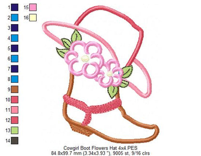 Cowgirl Boot, Hat and Flowers - Applique Embroidery