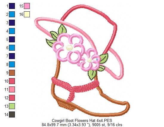 Cowgirl Boot, Hat and Flowers - Applique Embroidery