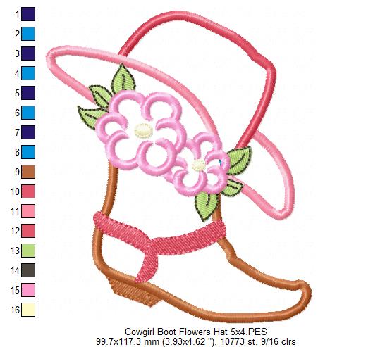 Cowgirl Boot, Hat and Flowers - Applique Embroidery