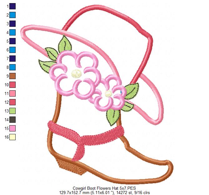 Cowgirl Boot, Hat and Flowers - Applique Embroidery