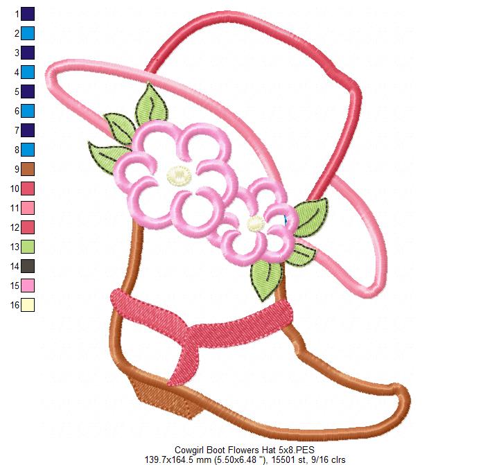 Cowgirl Boot, Hat and Flowers - Applique Embroidery