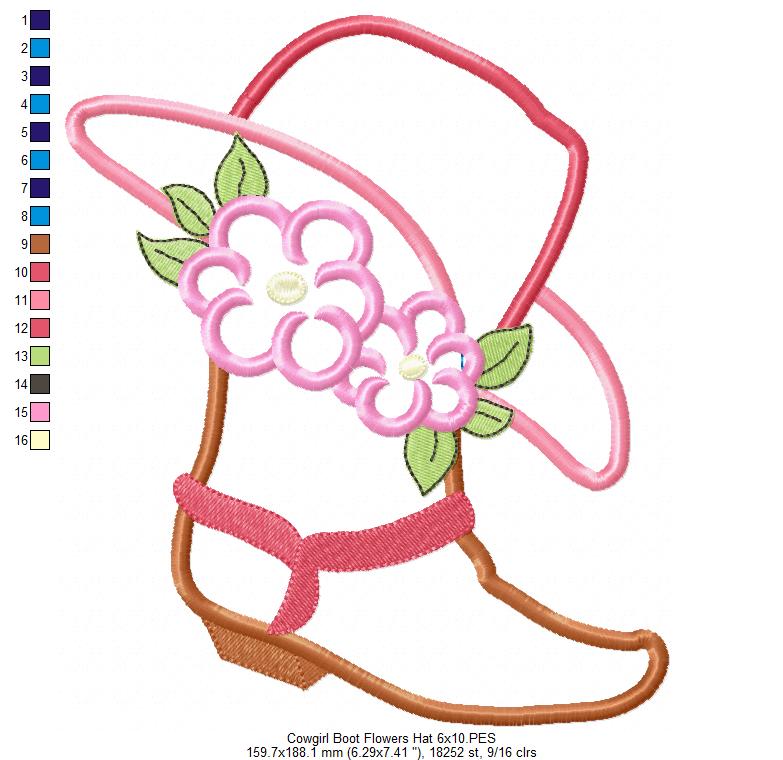 Cowgirl Boot, Hat and Flowers - Applique Embroidery