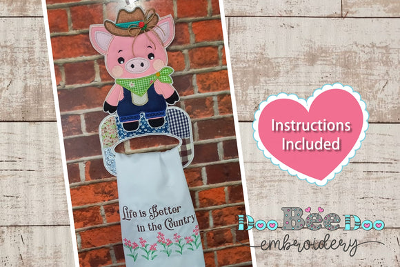 Country Pig Dish Towel Holder - ITH Project - Machine Embroidery Design