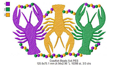 Crawfishes and Beads Mardi Gras - Rippled Stitch - Machine Embroidery Design
