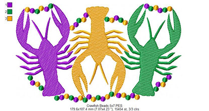 Crawfishes and Beads Mardi Gras - Rippled Stitch - Machine Embroidery Design