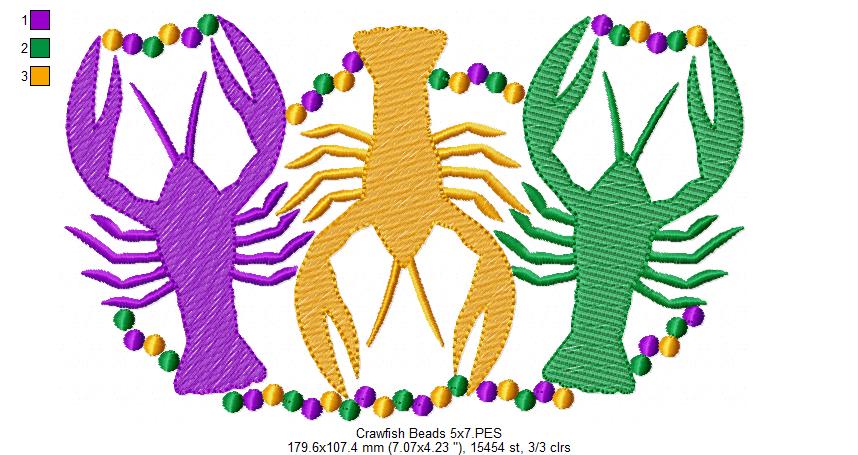 Crawfishes and Beads Mardi Gras - Rippled Stitch - Machine Embroidery Design