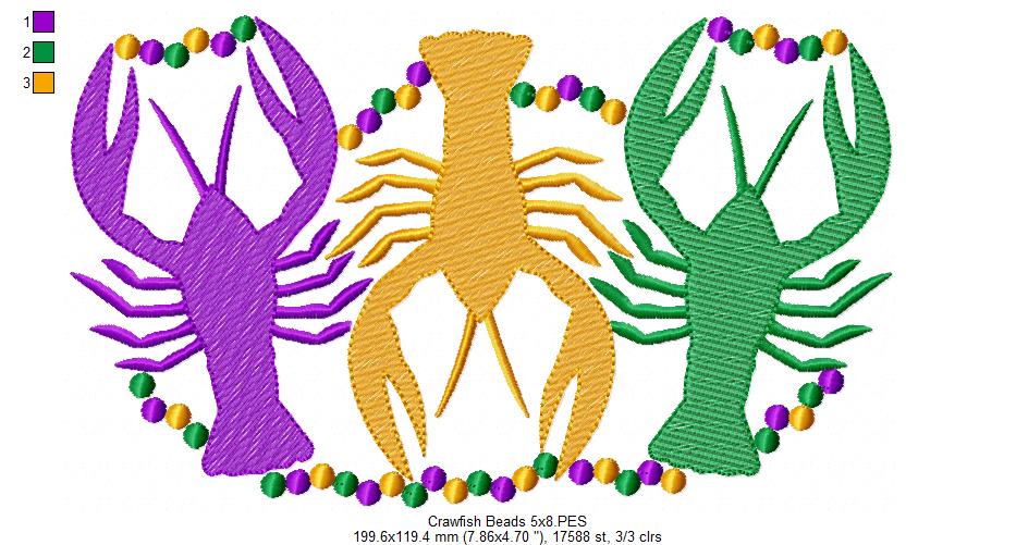 Crawfishes and Beads Mardi Gras - Rippled Stitch - Machine Embroidery Design