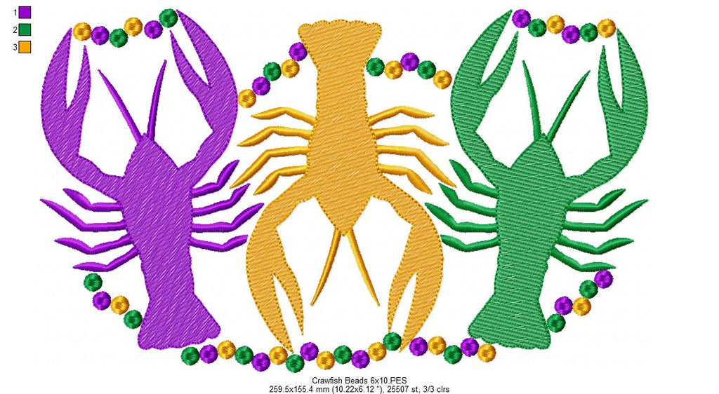 Crawfishes and Beads Mardi Gras - Rippled Stitch - Machine Embroidery Design