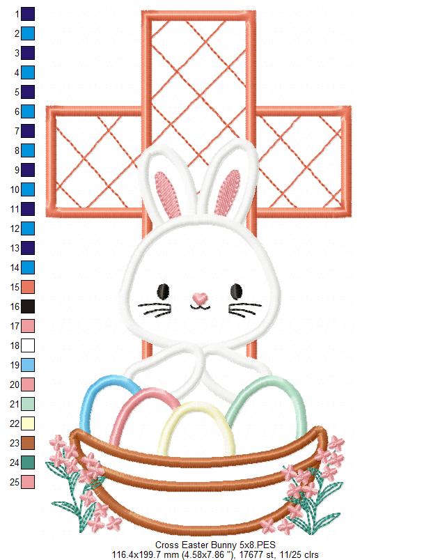 Easter Cross, Bunny and Eggs - Applique - Machine Embroidery Design