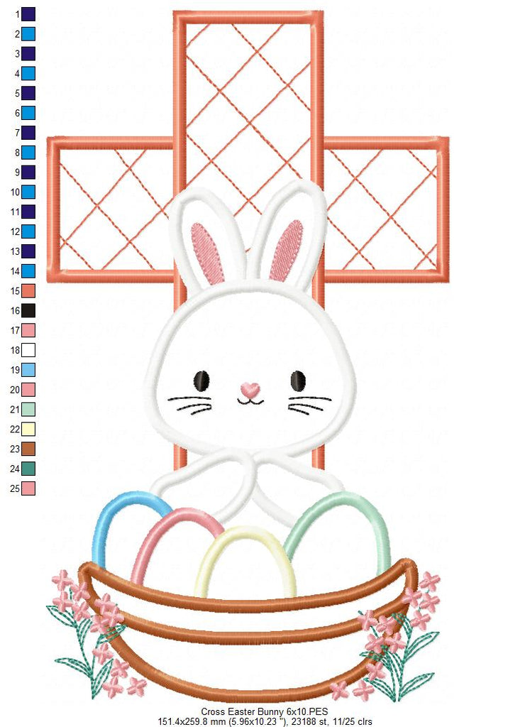 Easter Cross, Bunny and Eggs - Applique - Machine Embroidery Design