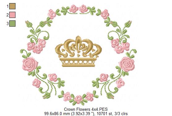 Royal Crown and Flowers Frame - Fill Stitch - Machine Embroidery Design