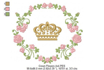 Royal Crown and Flowers Frame - Fill Stitch - Machine Embroidery Design