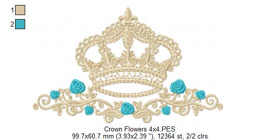 Queen Royal Crown and Flowers - Fill Stitch - Machine Embroidery Design