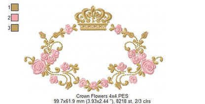 Royal Crown and Flowers Frame - Fill Stitch - Machine Embroidery Design