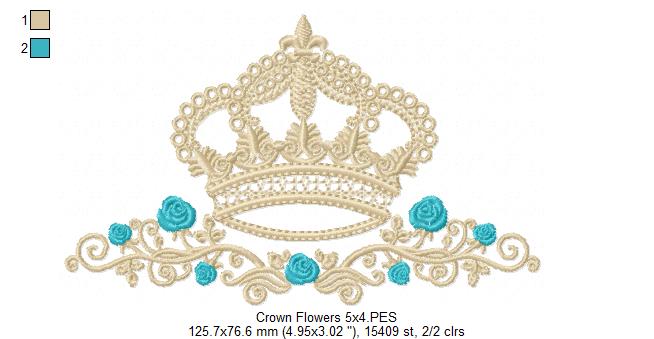 Queen Royal Crown and Flowers - Fill Stitch - Machine Embroidery Design