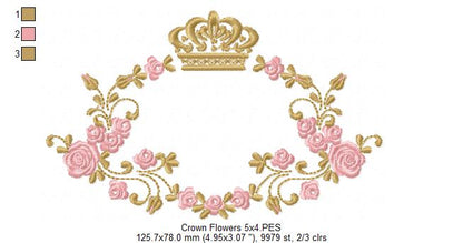 Royal Crown and Flowers Frame - Fill Stitch - Machine Embroidery Design