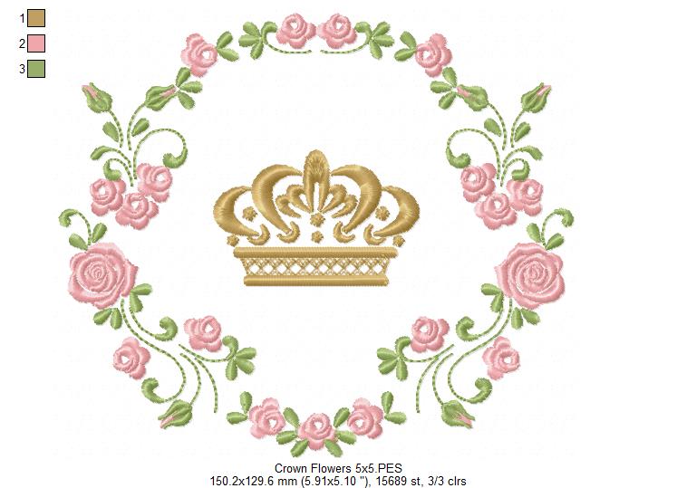 Royal Crown and Flowers Frame - Fill Stitch - Machine Embroidery Design