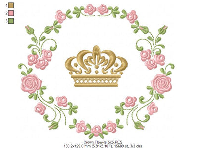 Royal Crown and Flowers Frame - Fill Stitch - Machine Embroidery Design