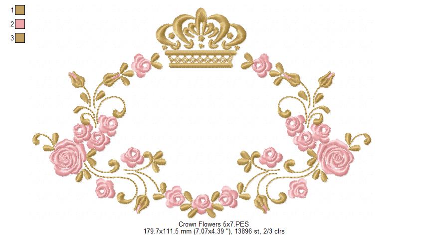 Royal Crown and Flowers Frame - Fill Stitch - Machine Embroidery Design