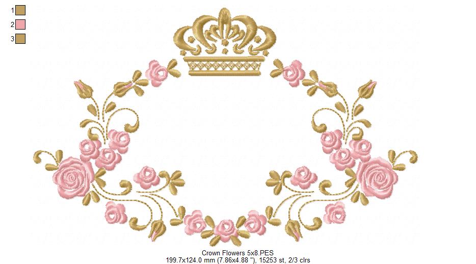 Royal Crown and Flowers Frame - Fill Stitch - Machine Embroidery Design