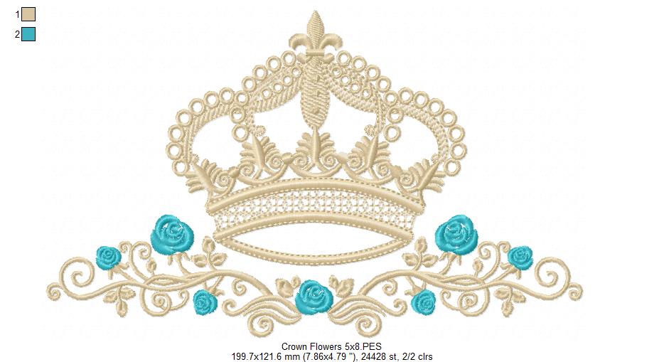 Queen Royal Crown and Flowers - Fill Stitch - Machine Embroidery Design