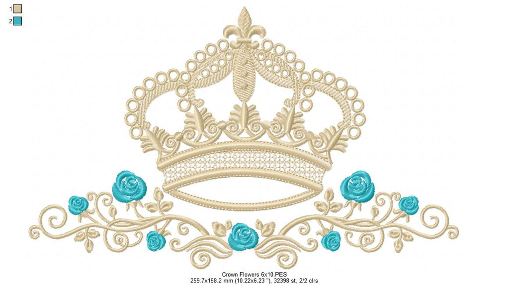 Queen Royal Crown and Flowers - Fill Stitch - Machine Embroidery Design