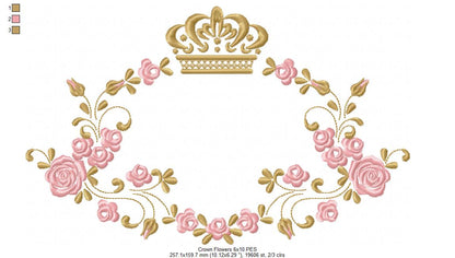 Royal Crown and Flowers Frame - Fill Stitch - Machine Embroidery Design