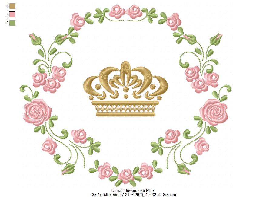 Royal Crown and Flowers Frame - Fill Stitch - Machine Embroidery Design
