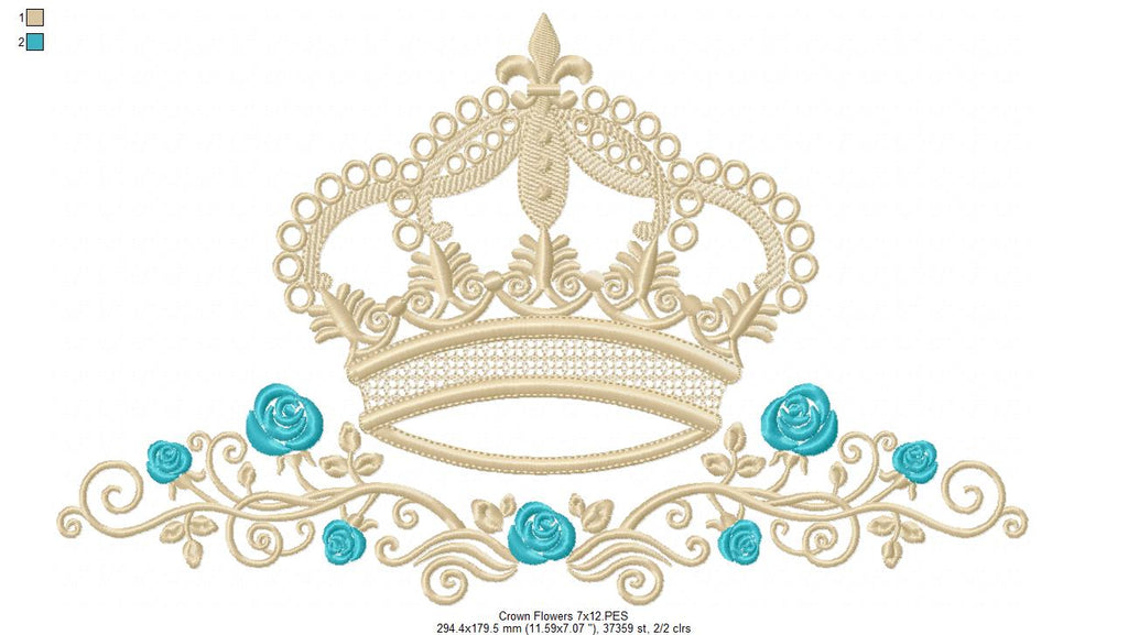 Queen Royal Crown and Flowers - Fill Stitch - Machine Embroidery Design