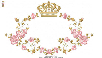 Royal Crown and Flowers Frame - Fill Stitch - Machine Embroidery Design