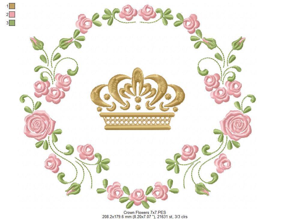 Royal Crown and Flowers Frame - Fill Stitch - Machine Embroidery Design