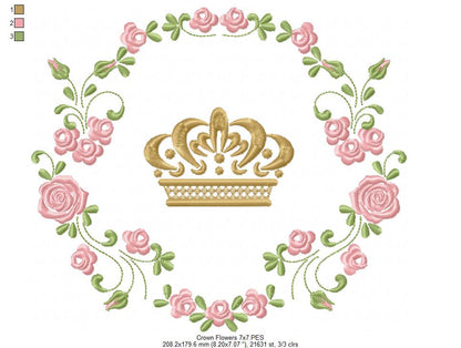 Royal Crown and Flowers Frame - Fill Stitch - Machine Embroidery Design