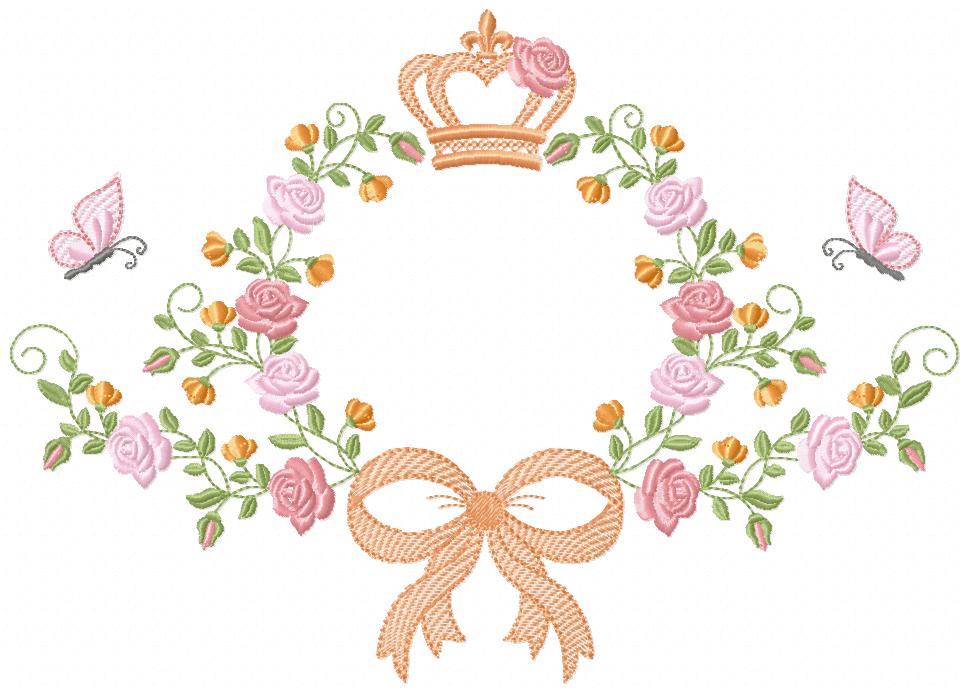 Whimsical Floral Frame with Bow, Butterfly & Crown – Fill Stitch – Machine Embroidery Design